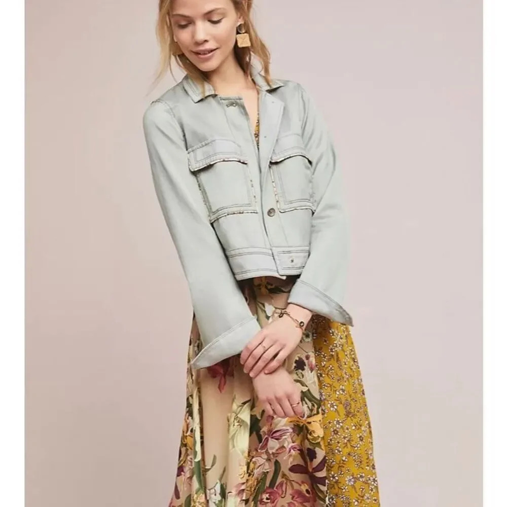 ANTHROPOLOGIE | Light Sage Green Jacket Linen Floral Piped Trucker Jacket | XL - Picture 2 of 15